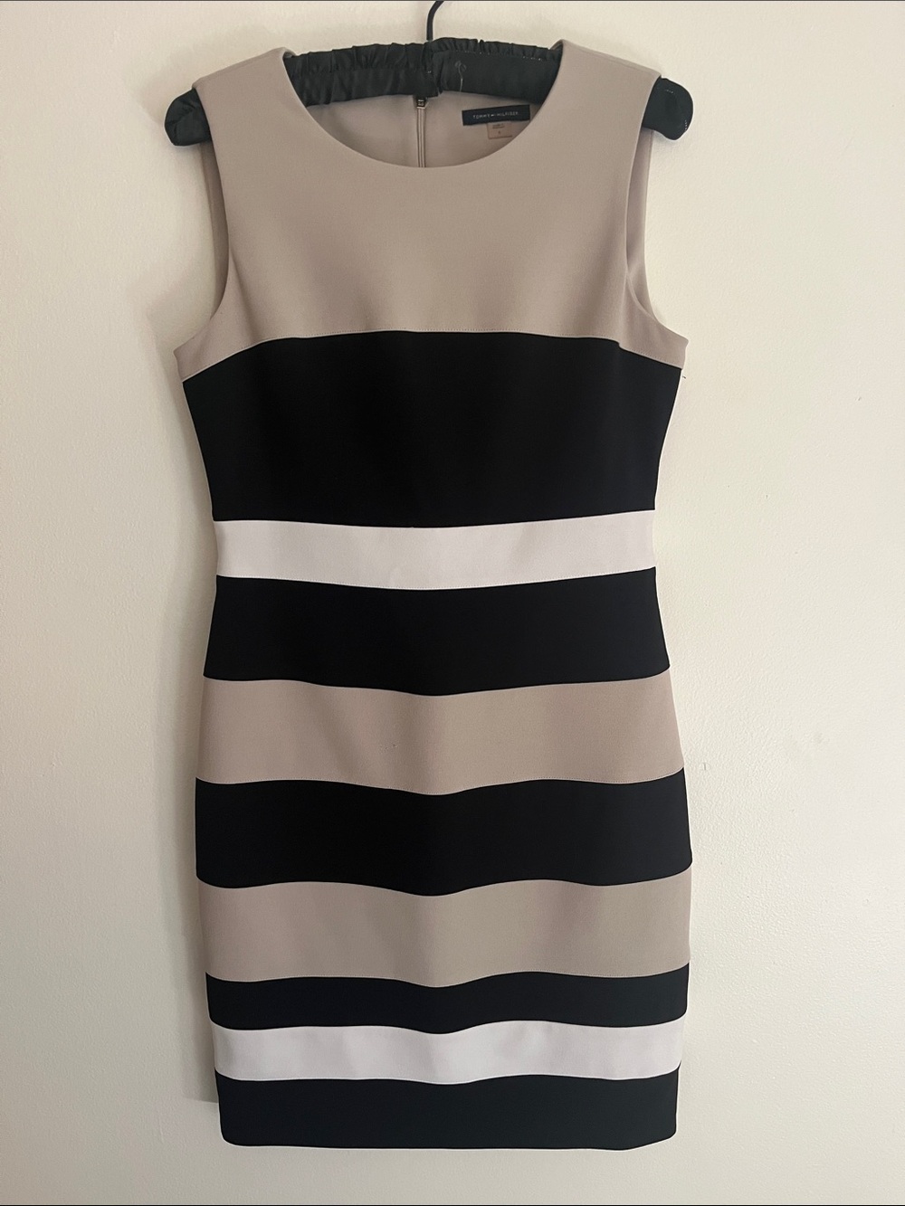 Tommy Hilfiger Black, Taupe & White Striped Sleeveless Sheath Dress
